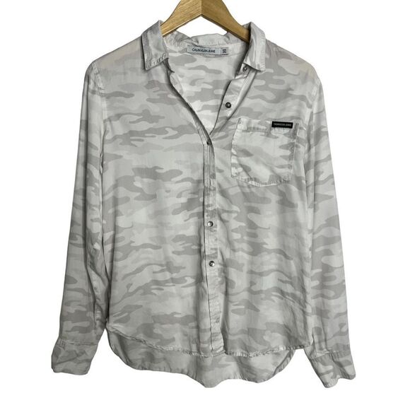 Calvin Klein Button Down Collar Boyfriend Fit Printed Blouse sz S - Picture 1 of 7